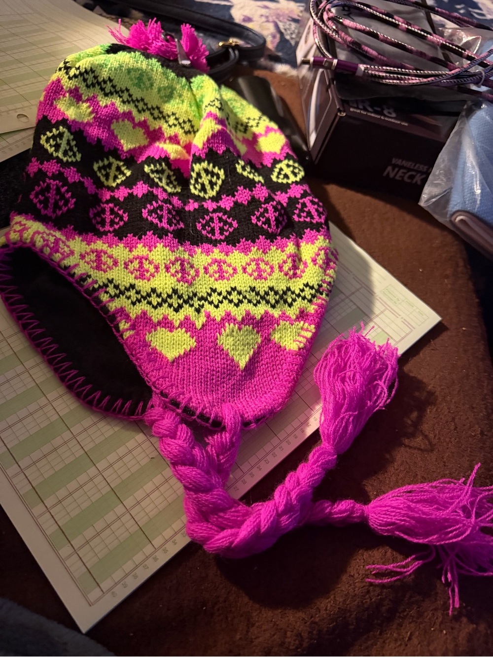 Womens Neon Pink & Lime Patterned Pom-Pom Earflap Hat